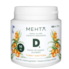 Жевательный препарат витамина D со вкусом облепихи Mehta D-vitamiini 50 µg Tyrni 100таб