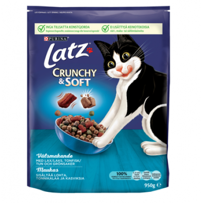 Корм для взрослых кошек Latz Crunchy & Soft 950г лосось, тунец и овощи